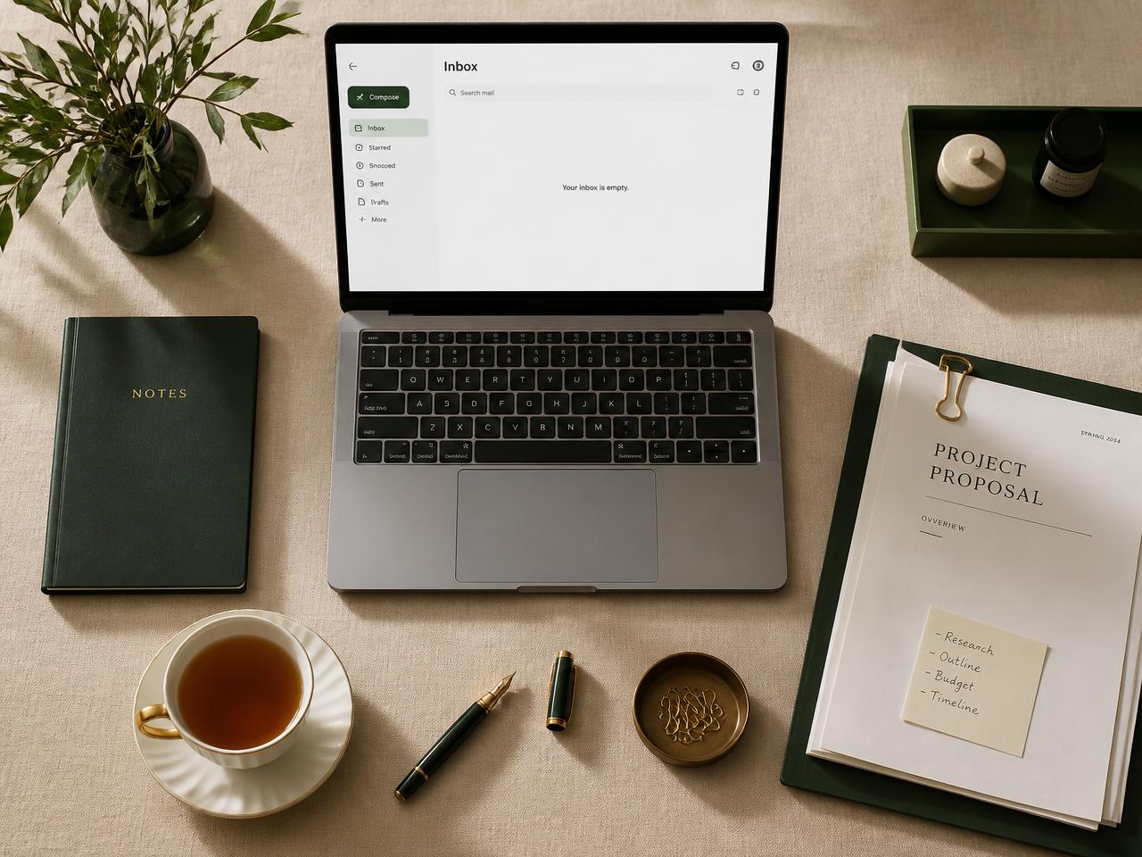 A tidy desk with a laptop showing an empty inbox